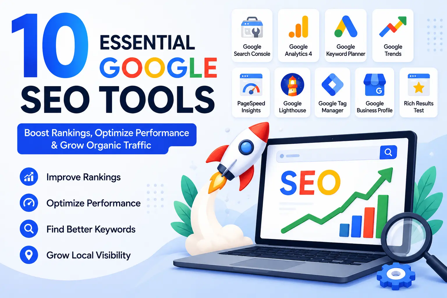 Google SEO Tools dashboard showing Search Console, Analytics, Keyword Planner and PageSpeed Insights for website optimization